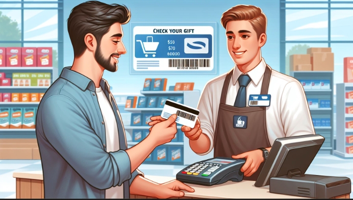 A man giving his gift card to store associate to check his balance 